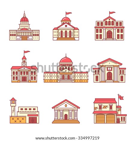 Government and education buildings set. Thin line art icons. Flat style illustrations isolated on white.