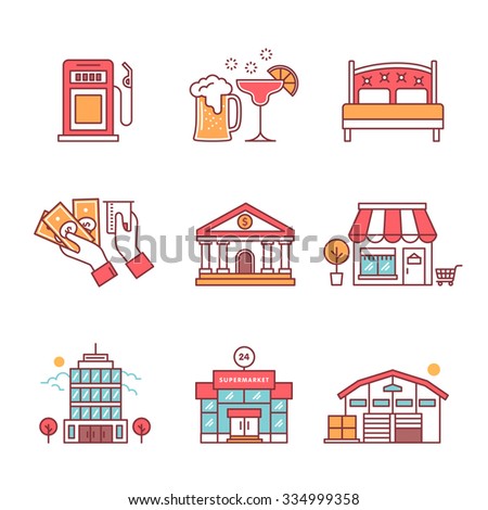 Commercial buildings sings set. Thin line art icons. Flat style illustrations isolated on white.