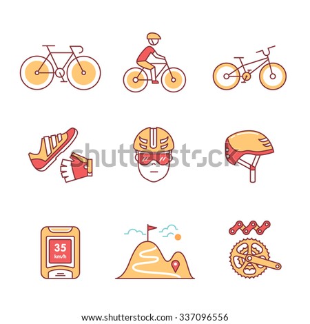 Bike cycling and biking accessories sign set. Thin line art icons. Flat style illustrations isolated on white.