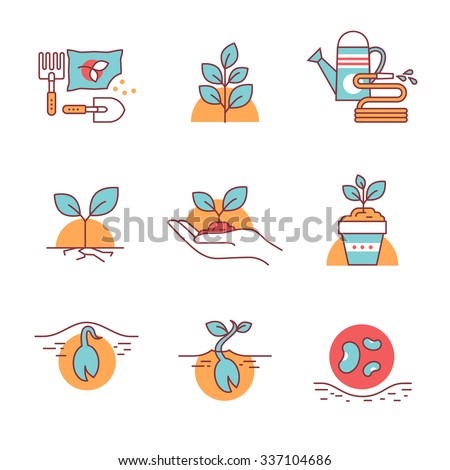 Sprouting seeds and home gardening Thin line art icons. Flat style illustrations isolated on white.