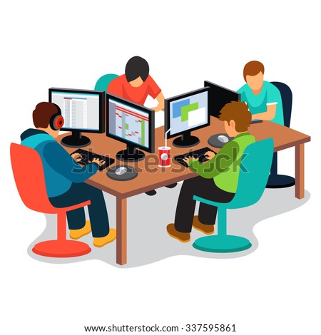 IT company at work. Group of software developers people coding together sitting in front of their pc screens at the desk. Flat style vector illustration isolated on white background.