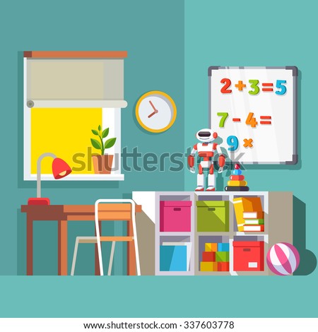 Preschool or school student kid room interior. Study desk at the window, storage combination with drawer boxes, some toys books and robot. With Flat style vector illustration.