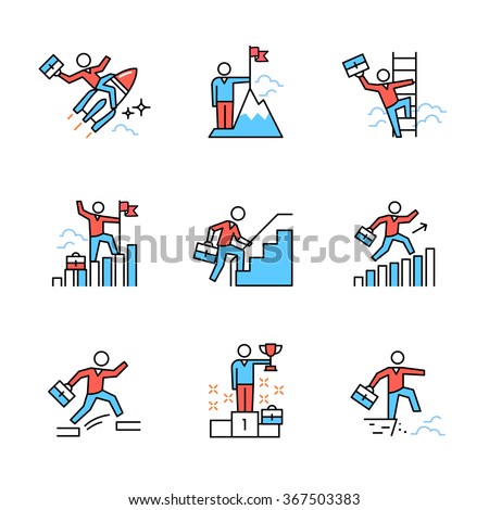 Business achievement and leadership metaphors. Best businessman at the top of the world. Flat style icons. Thin line art illustrations isolated on white.