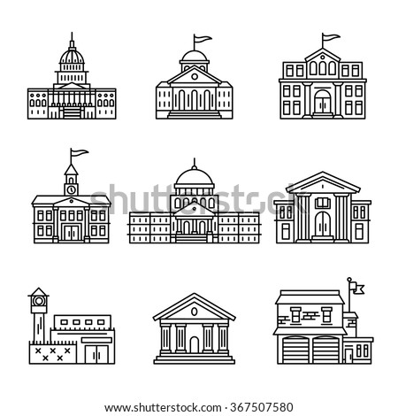 Government and education buildings set. Thin line art icons. Linear style illustrations isolated on white.