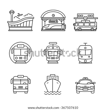 Modern transportation and urban infrastructure set. Road, rail and water city transportation stations signs. Thin line art icons. Linear style illustrations isolated on white.