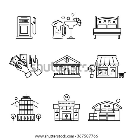 Commercial buildings sings set. Thin line art icons. Linear style illustrations isolated on white.