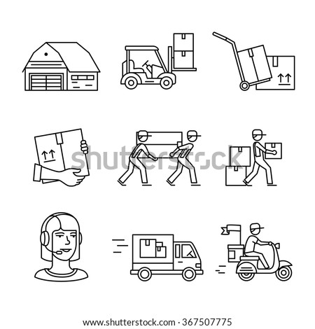 Warehouse, wholesale, services and delivery transportation signs set. Thin line art icons. Linear style illustrations isolated on white.