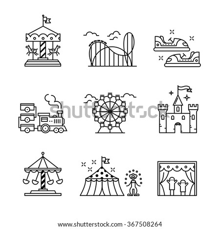 Theme amusement park sings set. Thin line art icons. Linear style illustrations isolated on white.