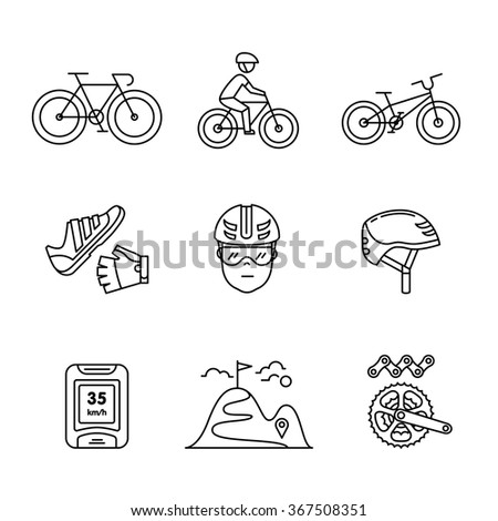 Bike cycling and biking accessories sign set. Thin line art icons. Linear style illustrations isolated on white.