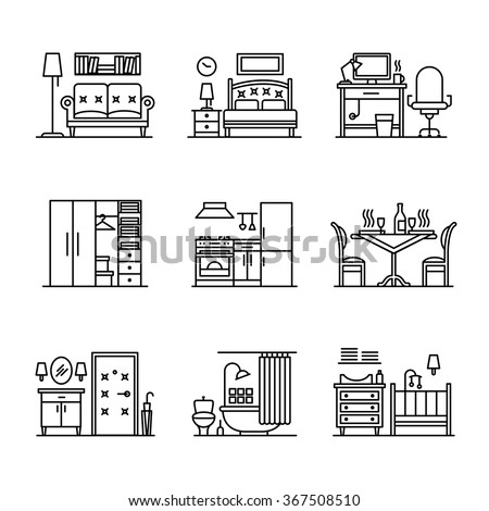 Home room types furniture signs set. Thin line art icons. Linear style illustrations isolated on white.