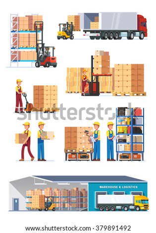 Logistics illustrations collection. Warehouse center, loading trucks, forklifts and workers. Modern flat style vector illustration isolated on white background.