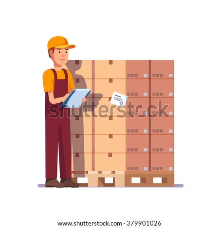 Warehouse worker checking goods on pallet. Stock taking job. Modern flat style vector illustration isolated on white background.