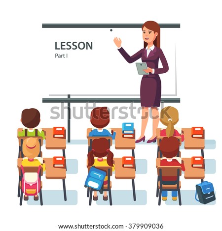 Modern School Lesson. Little Students And Teacher. Classroom With ...