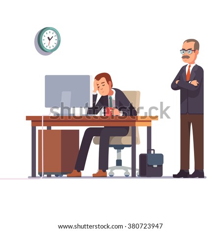 Boss watching over shoulder of a sleeping at work employee. Tired business man. Flat style modern vector illustration.