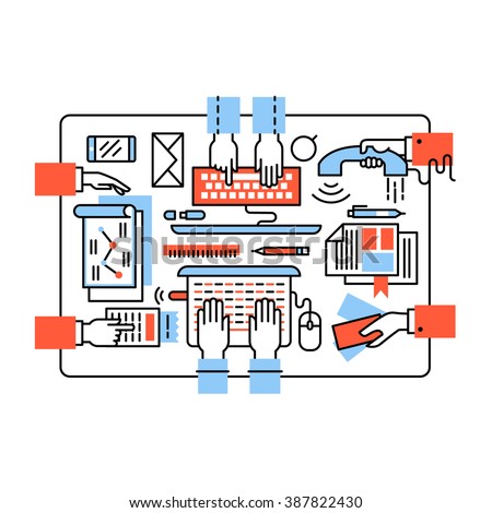 Modern business team working together. Design, coding, sales, accounting and marketing sitting at the same desk. Thin line art flat illustration with icons.