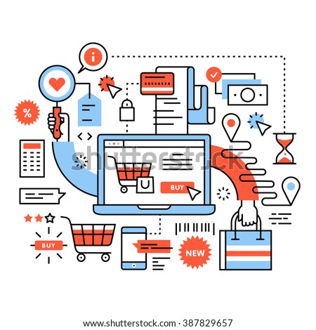 Ecommerce business concept. Purchasing goods in internet store, online shopping cart with products, order delivery and payment. Thin line art flat illustration with icons.