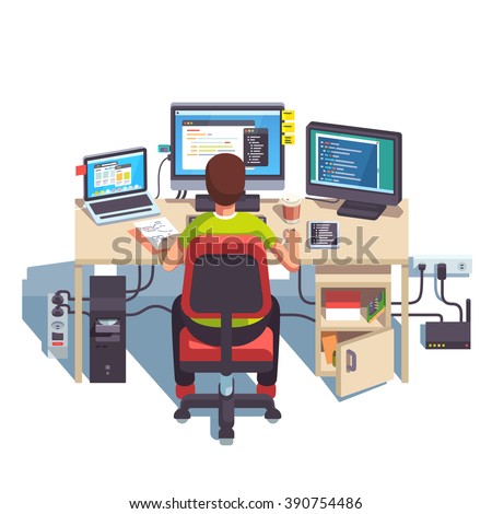 Professional programmer working writing code at his big desk with multiple displays and laptop computer. Flat style color modern vector illustration.