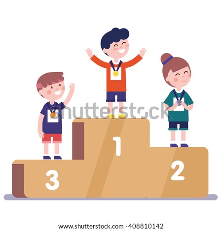 Medalists Kids Standing On Competition Winner Podium With First, Second ...