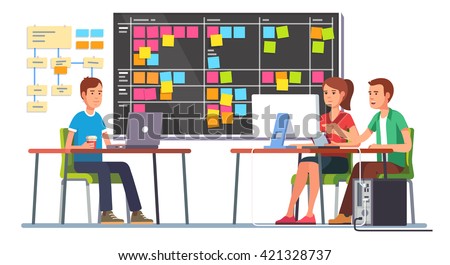 Team working together on a big IT startup business. Programming and planning. Scrum task board hanging in a team room full of tasks on sticky note cards.  Flat style color modern vector illustration.