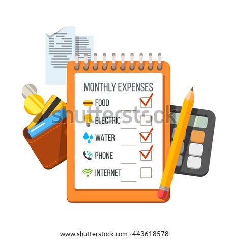 Monthly expenses planning checklist with receipts, wallet and calculator. Flat style vector icon illustration.