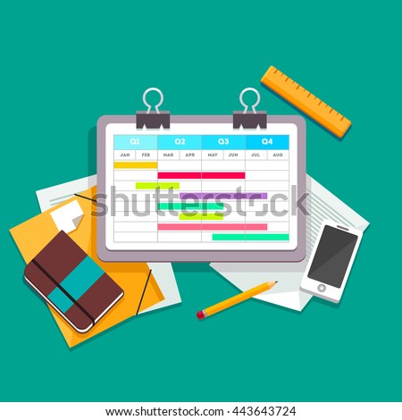 Gantt chart planning process document on a paperclip lying on the desk next to other documents, files, phone and personal notebook. Flat style vector illustration. 