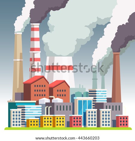 Smog polluted urban landscape. Highly polluted city with factory plants smoking towers and pipes. Environment contaminating carbon dioxide emissions. Flat style vector illustration.