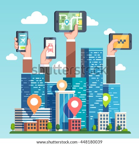 City transportation IT infrastructure and cloud computing technology concept. Urban area gps map navigation smart devices, phones and tablets. Skyscrapers and hands. Flat style vector illustration.