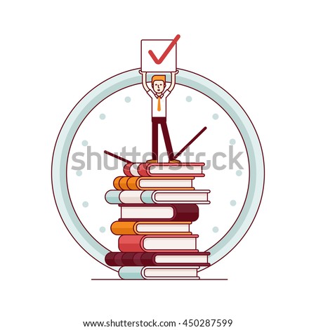 Business man standing on a huge tower stack of books and holding job done check sign in hands above his head. Modern flat style thin line vector illustration. Concept isolated on white background.
