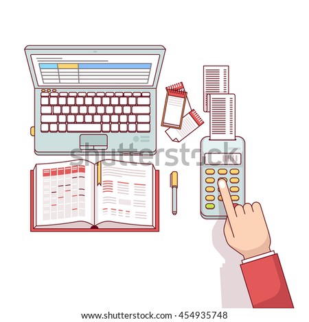 Business man planning, calculating and scheduling his expenses or taxes with his spreadsheets on laptop computer and notepad. Flat style thin line vector illustration isolated on white background.