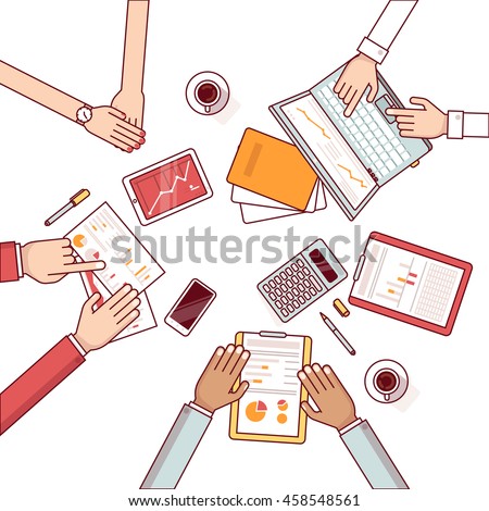 Meeting of business man group discussing statistical data over the desk. Talking about sales and financial graphs and charts. Clipboard, laptop and tablet. Flat style thin line vector illustration.