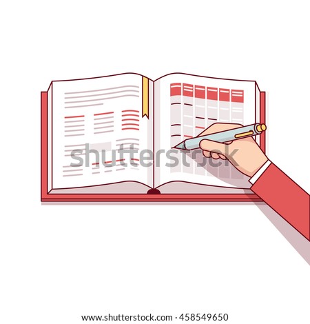 Business man writing his day schedule in notebook or calendar. Making marks with his pen. Modern flat style thin line vector illustration. Concept isolated on white background.