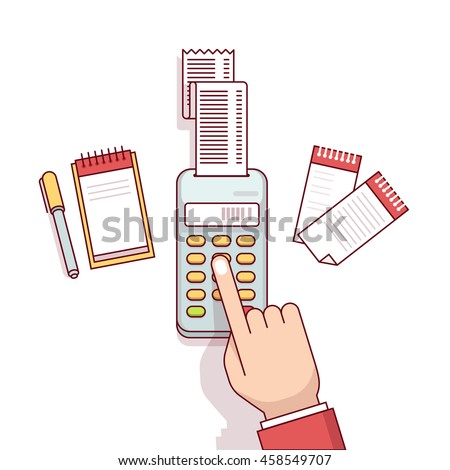 Office worker business clerk making expense calculations. Sitting at the desk with receipt printer and writing to a note book. Flat style thin line vector illustration isolated on white background.