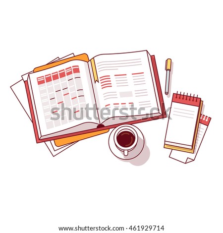 Businessman morning day schedule big notebook with appointment calendar and task lists accompanied by small memo notepad, pen and coffee cup. Flat style thin line vector illustration isolated on white