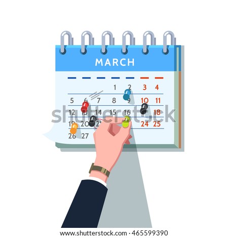 Business man hand sticking push pin into month calendar schedule marking upcoming appointment. Modern flat style concept vector illustration isolated on white background.