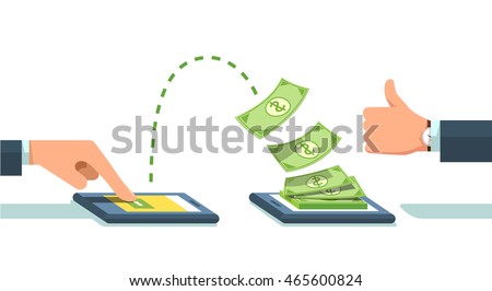 People sending and receiving money wireless with their mobile phones. Hand tapping  smart phone with banking payment app. Modern flat style concept vector illustration isolated on white background.