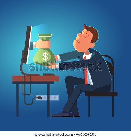 Hand giving money sack from a computer to young business man sitting at his office desk. Modern flat style concept vector illustration isolated on dark blue background.