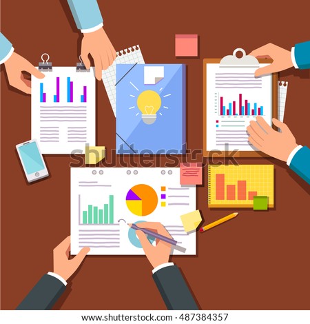 Group discussing new startup business plan marketing and sales ideas and research data. Hands working with statistical papers top view. Modern flat style vector illustration.