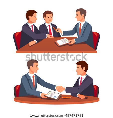 Businessman shaking hands over a round negotiations tables. Future business partners signing contract. Business handshake. Modern flat style vector illustration isolated on white background.