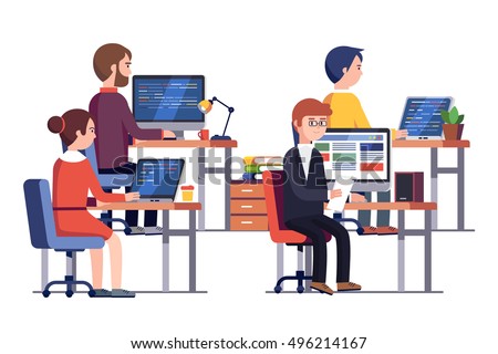 IT or game development company people at work. Group of software developers programming code together sitting in front of their office PC screens at their workplaces. Flat style vector illustration.