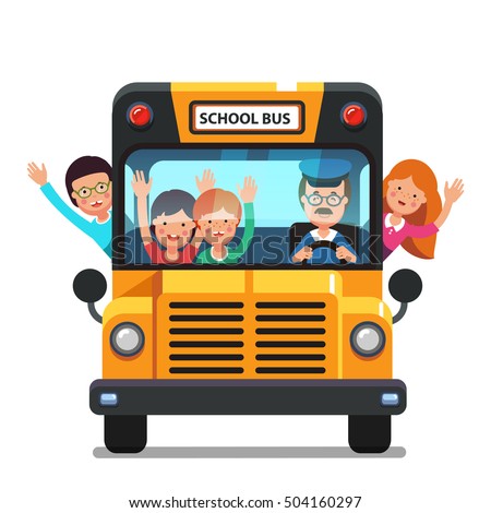 Happy smiling kids riding on a school bus with a driver. Front view. Colorful flat style cartoon vector illustration isolated on white background.