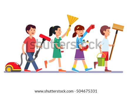 Kids cleaning team doing household chores. Inspired boys and girls cleaners walking in row line with vacuum, brooms and water bucket. Colorful flat style cartoon vector illustration.