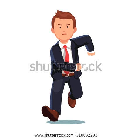Stressed late business man with an angry face running fast toward the viewer. Flat style vector illustration isolated on white background.