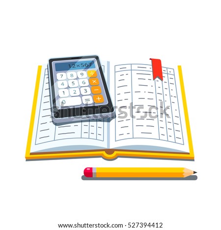 Open accounting book or ledger tables with calculator and pencil. Flat style vector illustration isolated on white background.