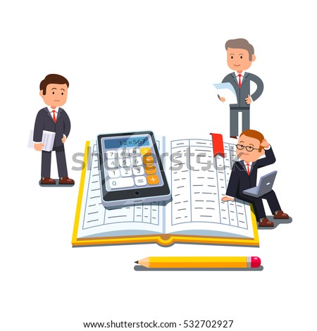 Little business accountants group standing near and sitting on big open accounting book or ledger tables with calculator and pencil. Flat style vector illustration isolated on white background.