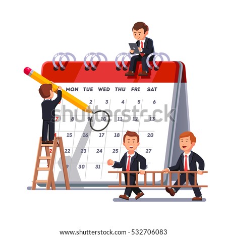 Company business team working together planning and scheduling their operations agenda on a big spring desk calendar. Drawing circle mark with pencil standing on ladder. Flat style vector illustration