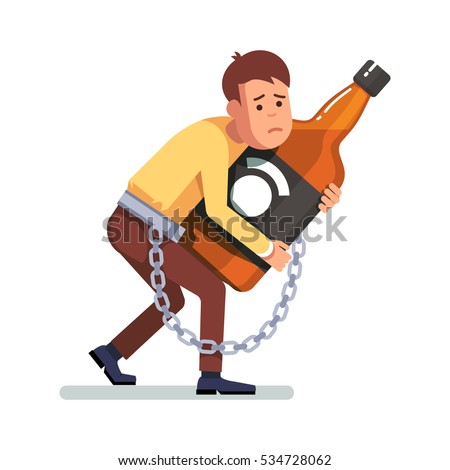 Young depressed and sad man chained and shackled to a big bottle of whiskey drink. Alcoholic addicted to alcohol hugging booze in arms. Flat style concept vector illustration isolated on white.