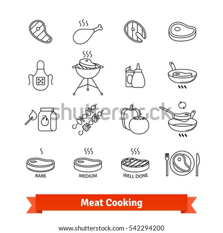 Meat cooking thin line art icons set. Steak house & Barbecue restaurant. Linear style symbols isolated on white.