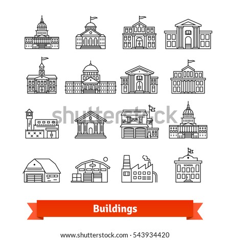 Government and educational public building set. Thin line art icons. Linear style illustrations isolated on white.