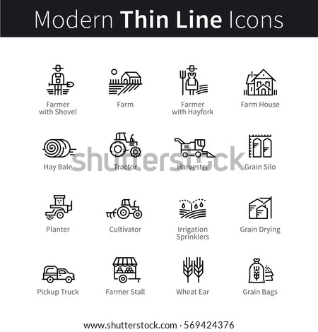 Farming and agriculture life concept. Harvester trucks, tractors, farmers and village farm buildings. Thin black line art icons. Linear style illustrations isolated on white.