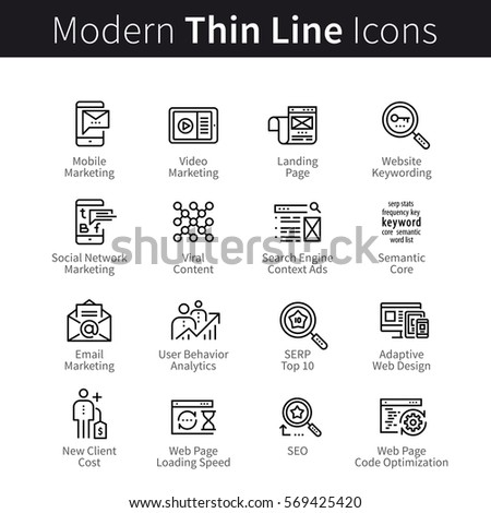 Internet marketing. SEO or Search Engine Optimization. Landing page web site keywords semantic, article, code & loading speed. Thin black line art icons. Linear style illustrations isolated on white.